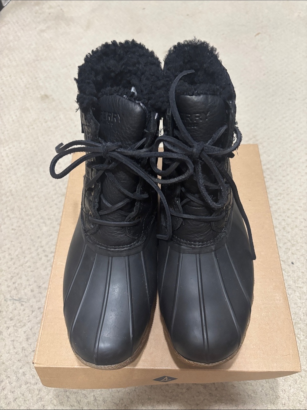 Sperry Black Women's Lace-Up Waterproof Boots with Shearling Collar Size 7